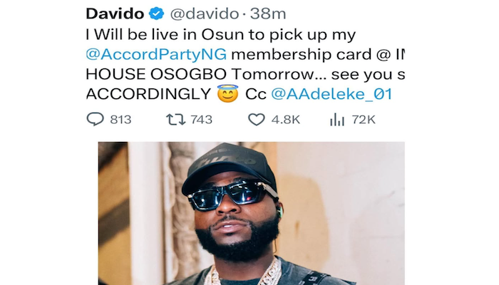 Davido ya nufi Osun ne domin karbar katin zama dan jam’iyyar Accord bayan bayyanawa jama’a