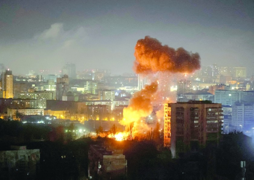 A drone explodes during a Russian missile and drone strike in Kyiv, Ukraine. — Reuters