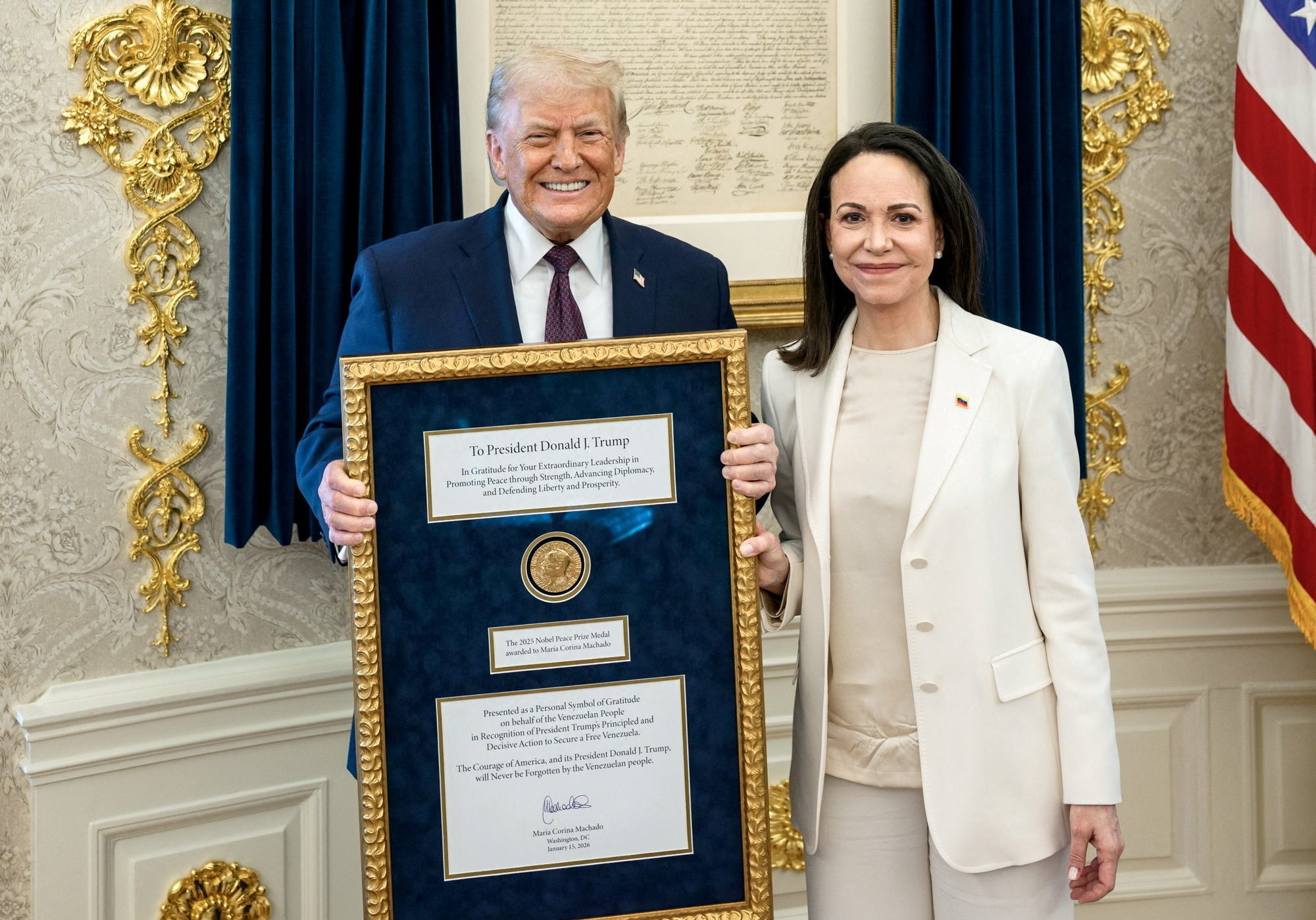 Trump accepts Nobel medal from Venezuelan opposition leader Machado