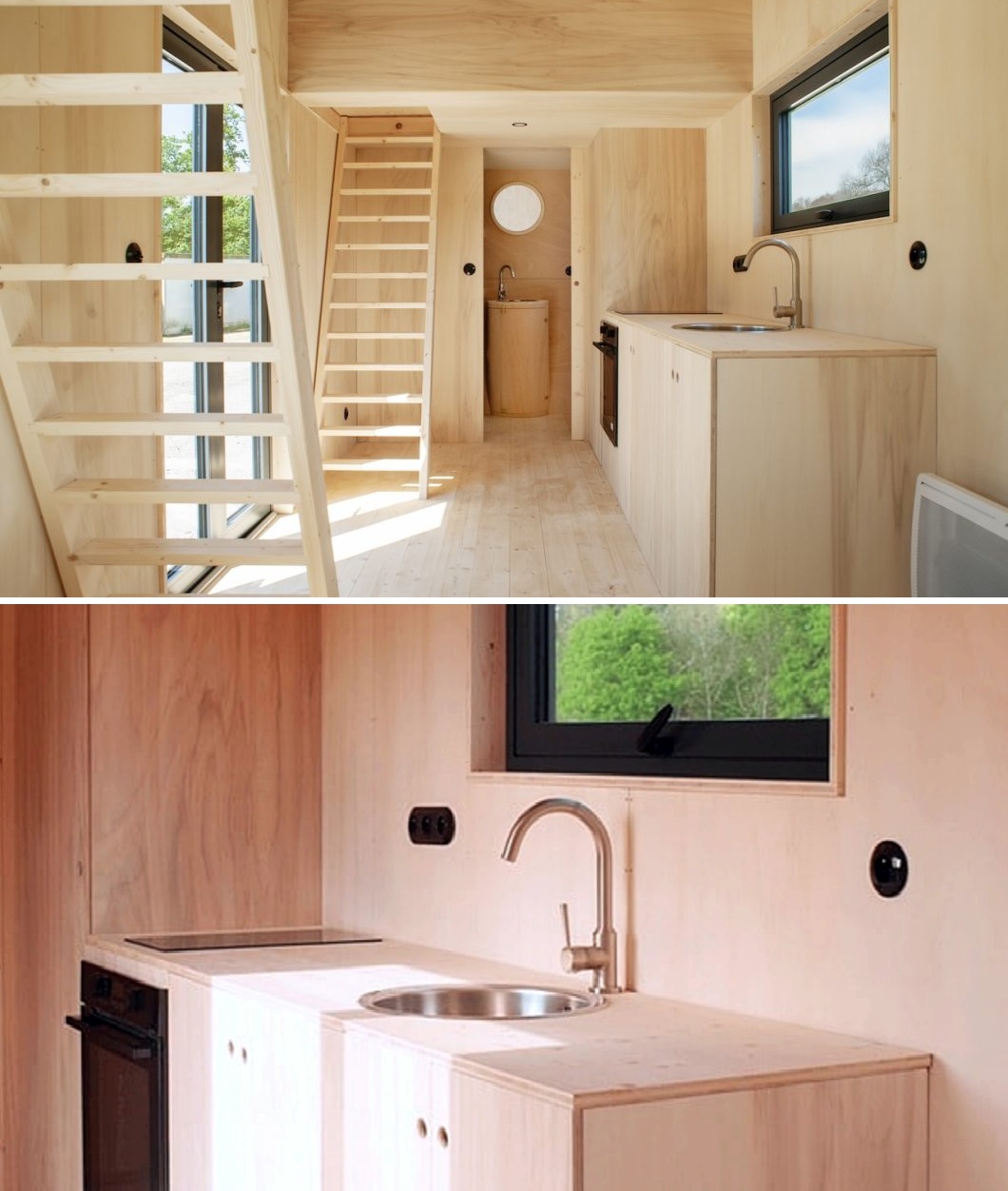 Each model includes built-in kitchen units.