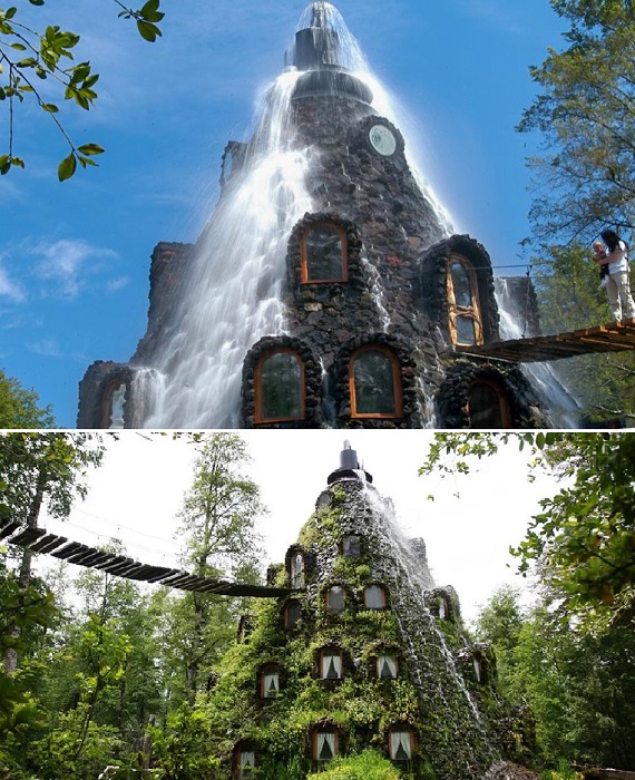 A waterfall flows from the top of Montaña Mágica Lodge once a day.
