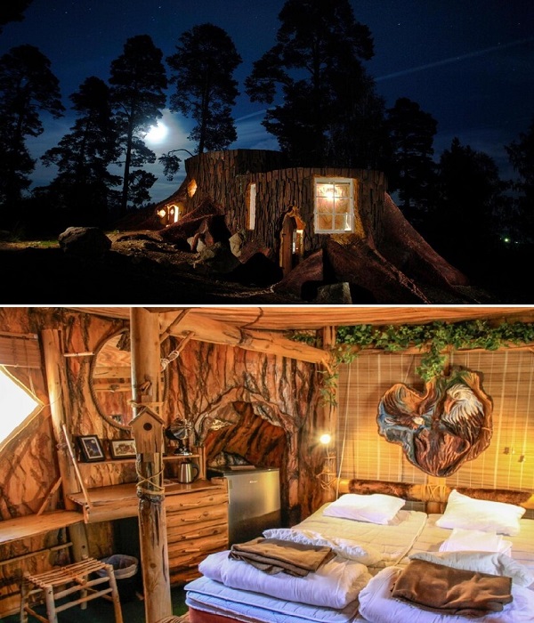 Tree stumps can also provide comfortable shelter for tourists (Norrqvarn Hotell & Resort by Vänerport).