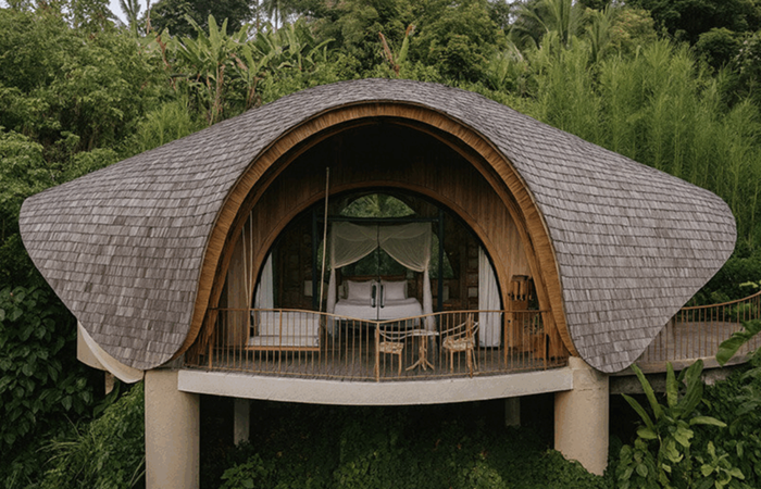 Belalu Dome Villa is supported by concrete piles. Belalu Dome Villa is supported by concrete piles.