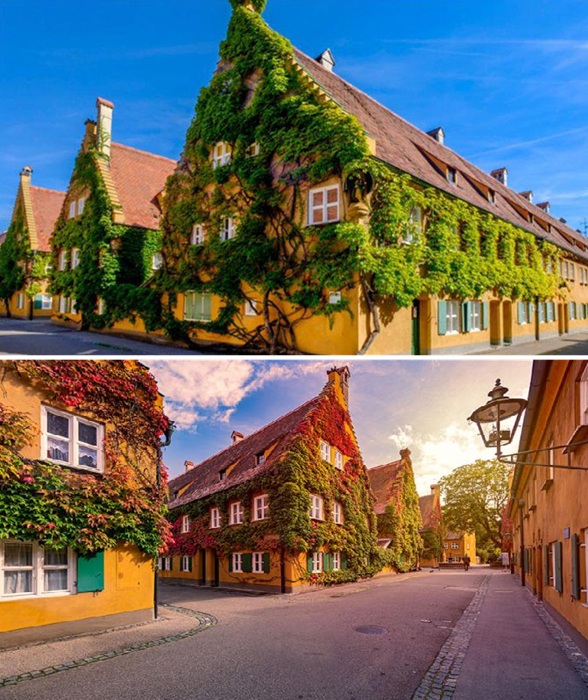 The beauty of the historic facades is enhanced by greenery. The beauty of the historic facades is enhanced by greenery.