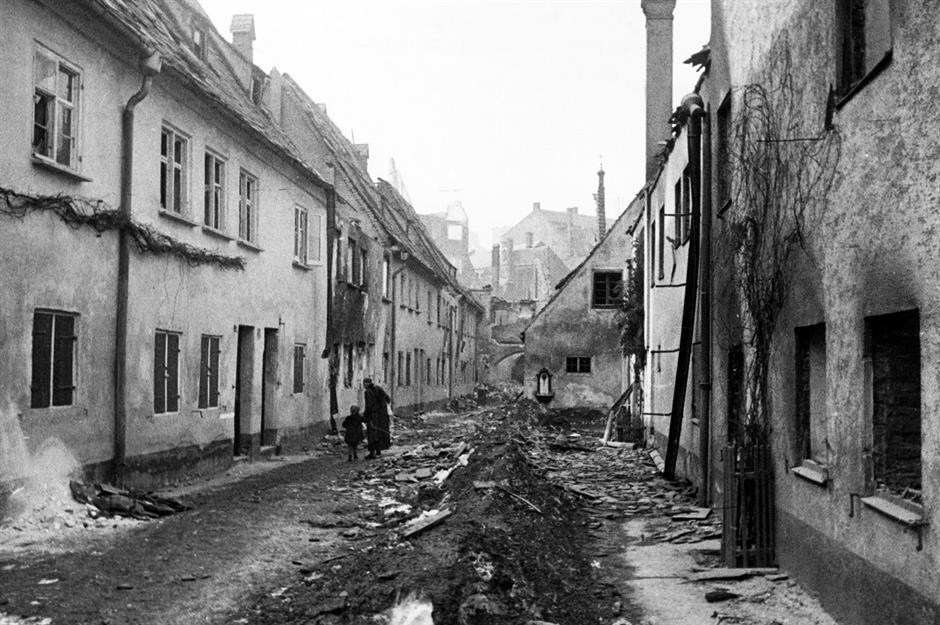 Destruction of the Fuggerei after bombing during World War II. Destruction of the Fuggerei after bombing during World War II.