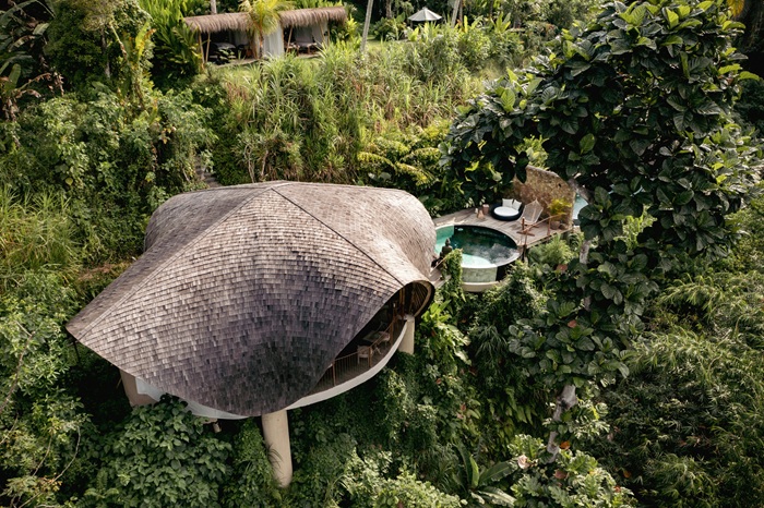 The jellyfish villa rises above the Bali jungle (Belalu Dome). The jellyfish villa rises above the Bali jungle (Belalu Dome).